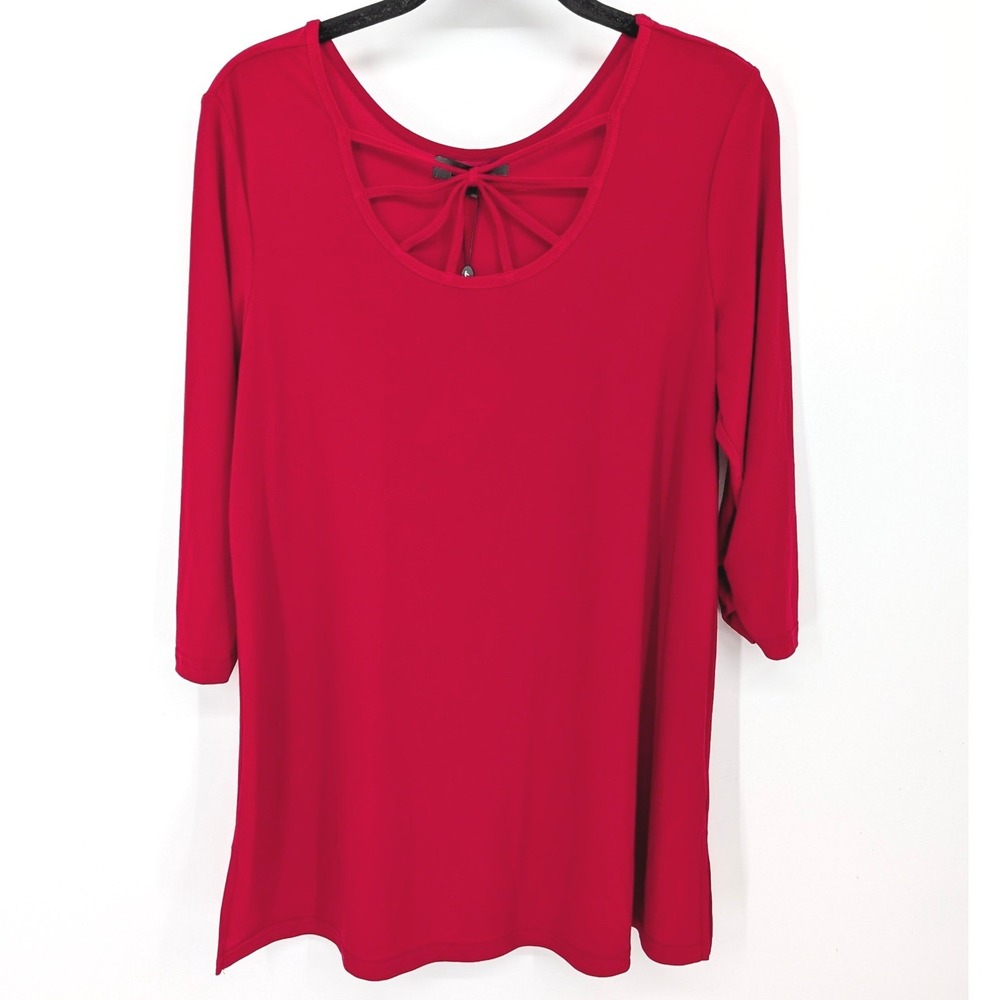 Alisha D Top Women Small Red Strappy Lattice Neck 3/4 Sleeve Tunic Blouse Mature